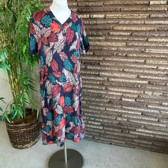 Ping Casual Leaf Print Boho V neck Shift Dress With Pockets - Picture 1 of 6